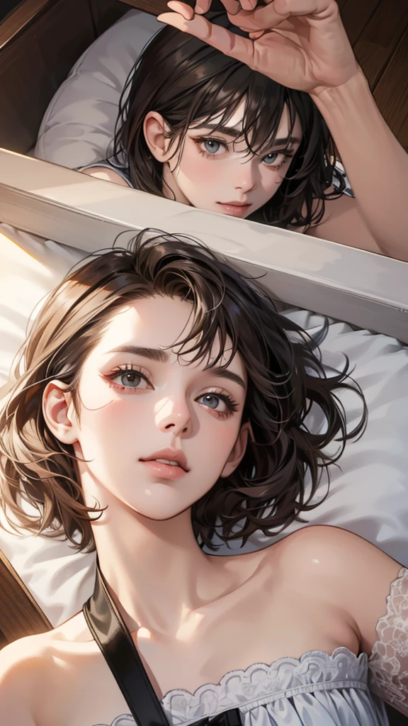 (table top, digital art, digital illustration, 4K, 8ก, Very detailed, beautiful picture, Sharp picture, realistic, raw photos, perfect face, perfect lines, perfect eyes, soft light) , lover, 1 girl 1 boy, The hair color is different., Medium brown hair and brown eyes., Short black hair and gray eyes, romantic, lying on the floor, lover