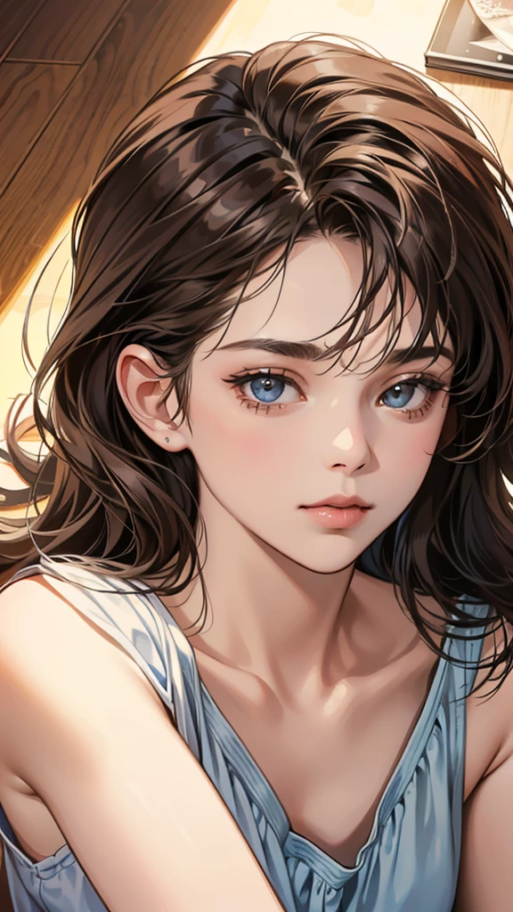 (table top, digital art, digital illustration, 4K, 8ก, Very detailed, beautiful picture, Sharp picture, realistic, raw photos, perfect face, perfect lines, perfect eyes, soft light) , lover, 1 girl 1 boy, The hair color is different., Medium brown hair and brown eyes., Short black hair and gray eyes, romantic, lying on the floor, lover