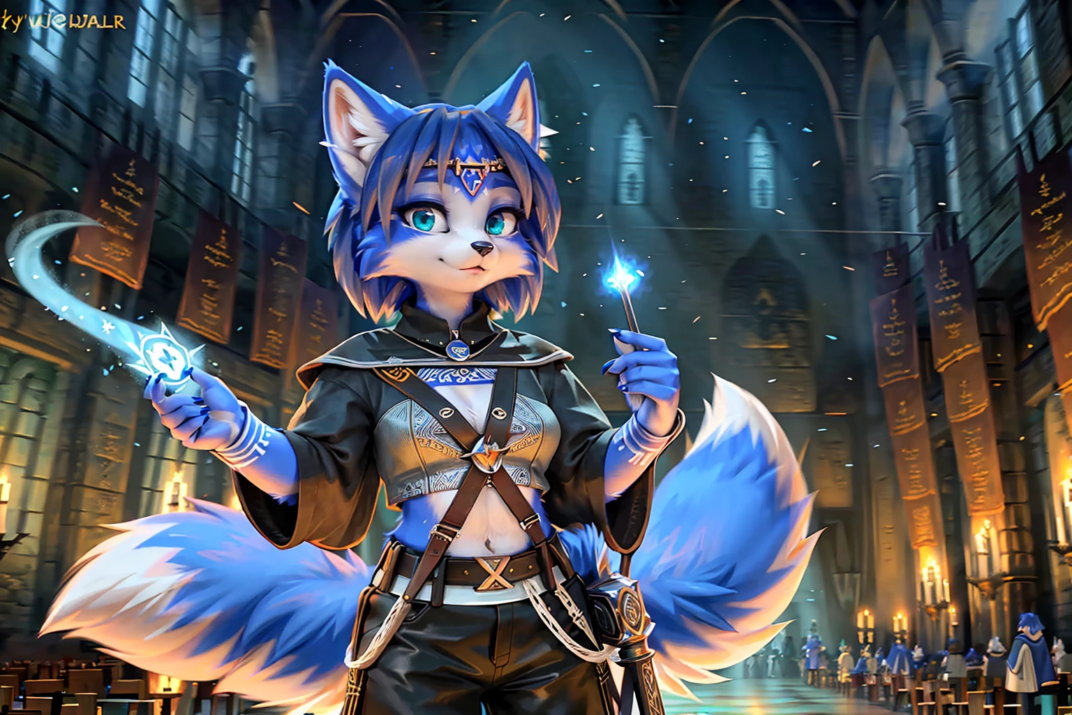 A beautiful and detailed (sweet picture) wa ((krystal)), Star Fox krystal,  green eyes, medium breasts, (((Long blue hair 1.3))),  anthro, furry, (wa Fluff-Kevlar, Bayard Wu, personalize me, Pino Daeni),  detailed fluffy fur, detailed face, (fluffy), 1 girl, alone, hair cover one eye:1.4, wears tribal clothing with leather armor, wears tribal top with leather armor, (((steht in der großen halle wa hogwarts:1.4))), she wears a fanciful magician&#39;s robe, (is in a magic duel against a dark magician)