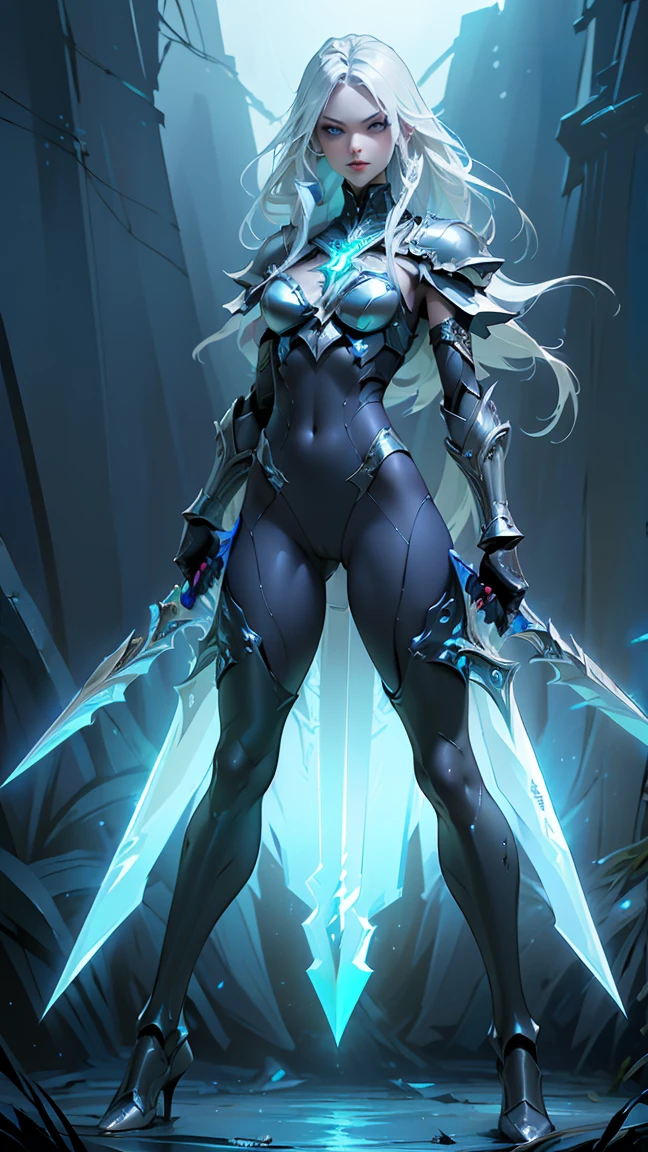 (((masterpiece, best quality, high detailed, 16k))) Design a Gaming character, (1girl) slender body. Silver+Blue armor, stylish and unique. ((showcase weapon:1.4)), lightning spear. (masterpiece:1.2), (best quality), (luminous lighting, atmospheric lighting). storm mage, ((glove full hands)), vambraces, armored legwear, (((full_body_shot:1.4))). (During a thunderstorm)
