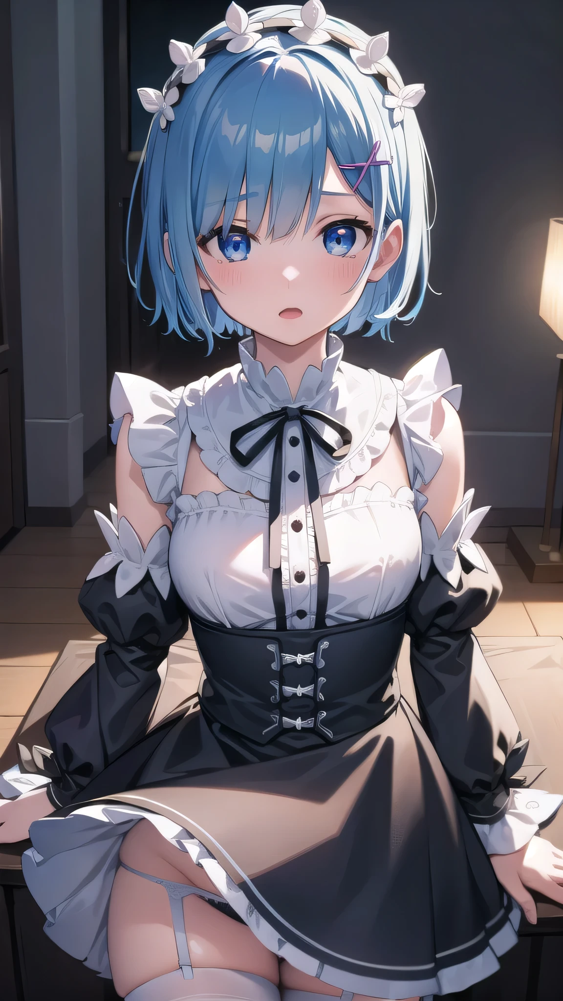 BREAK looking at viewer,BREAK (masterpiece:1.2), best quality, high resolution, unity 8k wallpaper, (illustration:0.8), (beautiful detailed eyes:1.6), extremely detailed face, perfect lighting, extremely detailed CG, (perfect hands, perfect anatomy),castle,tower,clouds,wet road,night,mist,rem, blue eyes, blue hair, hair ornament, hair over one eye, hair ribbon, short hair, x hair ornament
apron, black ribbon, black skirt, black sleeves, detached collar, detached sleeves, flower, frilled apron, frilled skirt, frills, head wreath, long sleeves, maid, miniskirt, neck ribbon, purple ribbon, ribbon, ribbon trim, ribbon-trimmed sleeves, roswaal mansion maid uniform, short hair, skirt, thighhighs, waist apron, white apron, white thighhighs,blue hair,upskirt,showing panties,wet panties,shy face,open mouth,bend over table,upper body,from above.