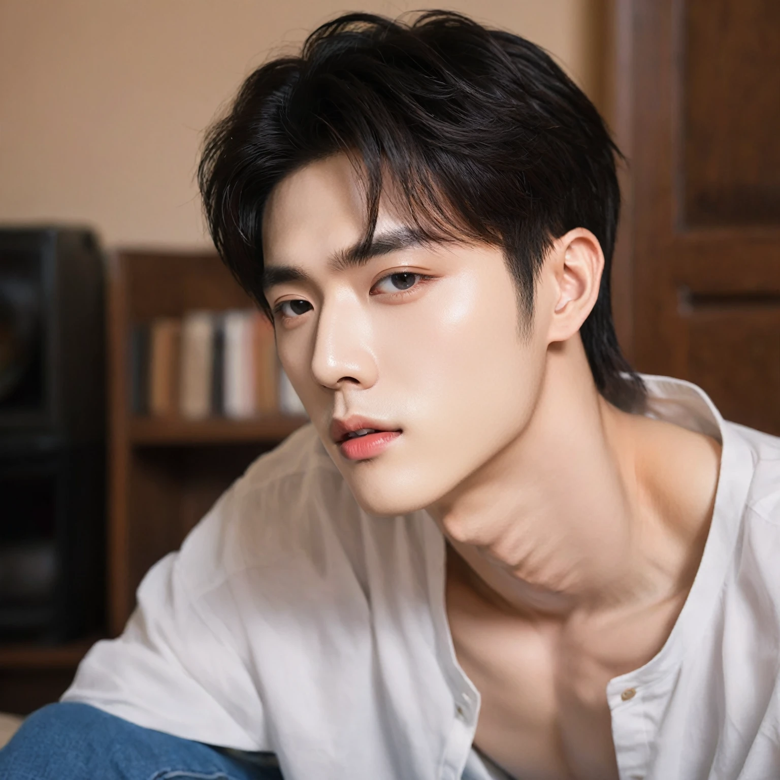 Arafed man in white shirt and blue jeans sitting on a bed., Jung Jaehyun, Yanjun Chengt, Cai Xu Kun, sometimes ulzzang, Inspired by Zhang Han, beautiful androgynous prince, South Korean man, delicate androgynous prince, pale korean adorable face, perfect face and boy, inspired by Yanjun Cheng , Stray Kids lee Minho