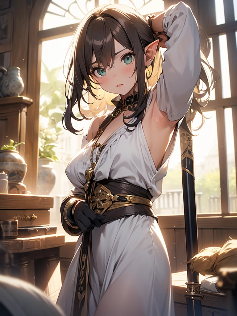 (artistry, best qualityer, ultradetailed, high resolution, 4K),(beautiful detailed eyes),(very highly detailed face),( fully body), (1ガール),HDR, long hair, medieval brown shorts, greeneyes, chestnut hair, longye hair, a gray stripe on a fringe, elf ear, black gloves, elf outfit,  long medieval boots,  warrior, magician, jewelly, lips, focus only, glaze, White background, holding a short sword, preparing for attack, realisitic, body sideways.
