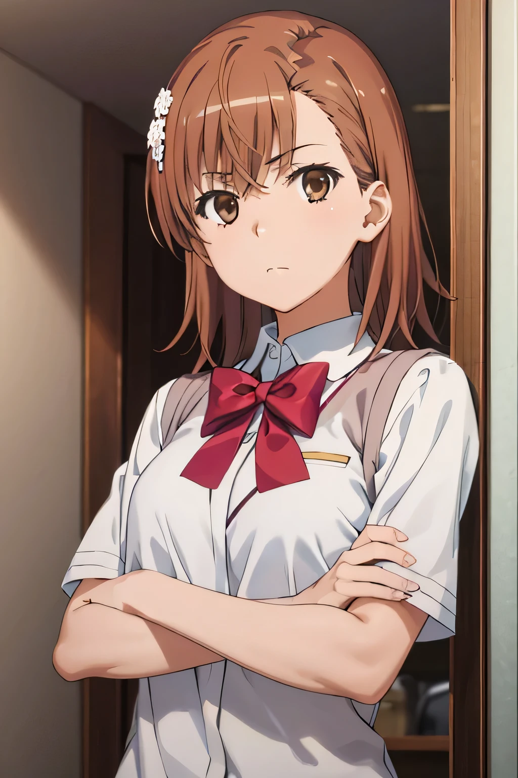 (((pixel perfect, detail perfect))), alone, 1 girl, Misaka Mikoto, Tokiwadai , bow, looking at the viewer, crossed arms, closed mouth, Upper body