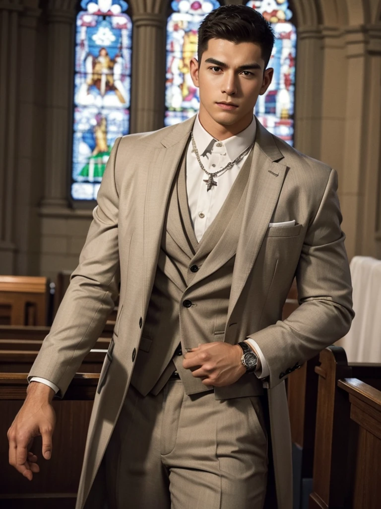 1man, crew cut, watch,
cowboy_shot,
Muscular Frame, looking at the viewer, necklace,
groom's formal wear,
church,
