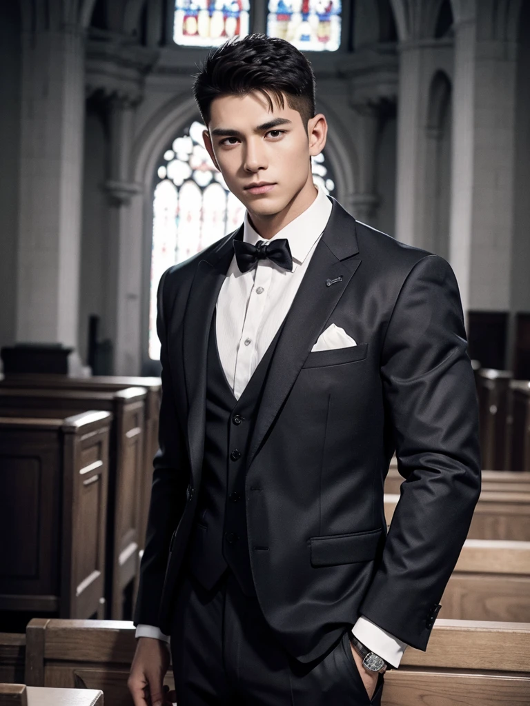1man, crew cut, watch,
cowboy_shot,
Muscular Frame, looking at the viewer, necklace,
groom's formal wear,
church,