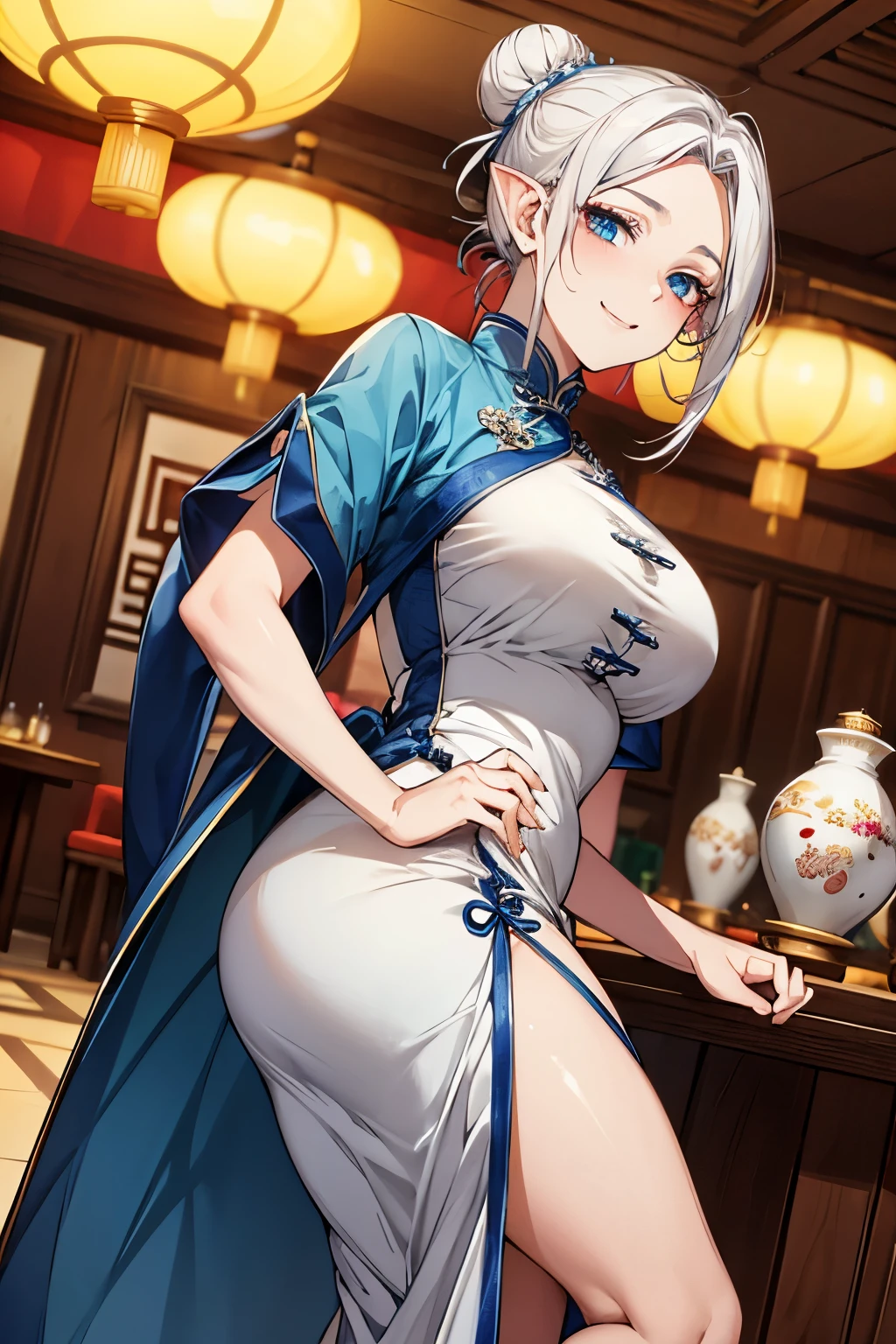 Highest quality,Masterpiece,8K,China Long Dress,Big Breasts,Best Style,Droopy eyes,A sparkling smile,white Hair,Hair Bun,Chinese restaurant,waiter,elf ears, blue eyes