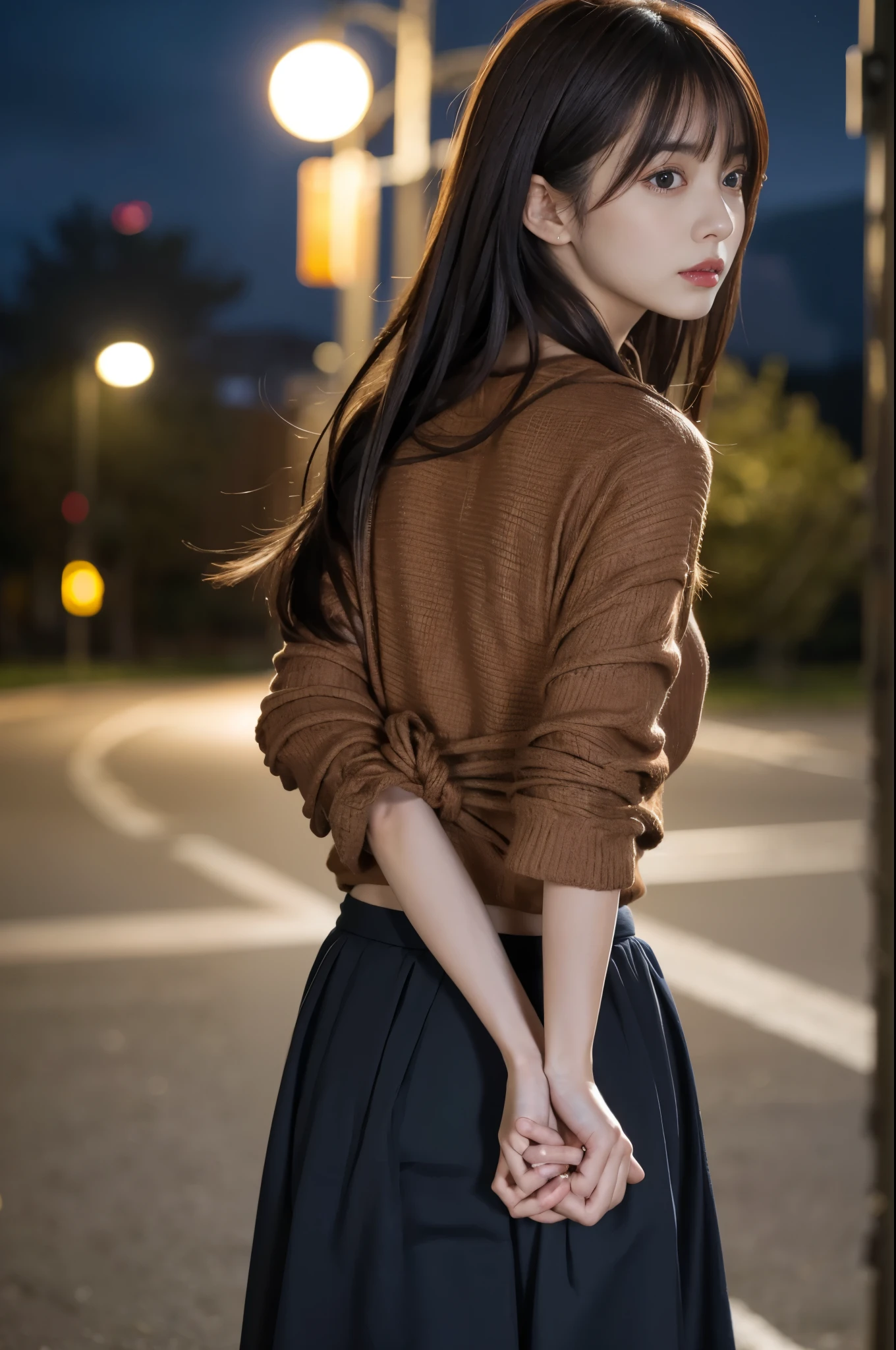 The woman has her hands tied、Place your hands behind your back、(((Hands clasped behind your back)))、(((Her wrists are wrapped in rope)))、beauty、２０Year、university student、Standing on a hill at night、There are a lot of trees、Beautiful night sky、There are many stars、A strong wind is blowing、Wearing a short-sleeved blouse、Wear a long skirt、Uniform eyes、Balanced、Moderate、Small breasts、Small face、(I can see from head to heel), Black Hair, bangs, Swept bangs, Straight hair, Nervous, Messy Hair, debtloating hair, Cinema Lighting, throw, Nikon, Surrealism, 超High resolution, Highest quality, High resolution, Anatomically correct body、, tachi-e, First Person View, debtrom behind, debt/1.2, 8k, Textured skin