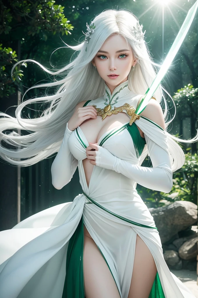 Imagine a graceful and elegant female figure, white-skinned, silver hair that shines like moonlight, dressed in white outfits and golden details that shine like stars in the night sky. Your eyes are forest green, radiant and penetrating like emeralds. She holds tightly to a gleaming sword, enveloped in rays of pure energy, symbolizing your strength and determination.

 