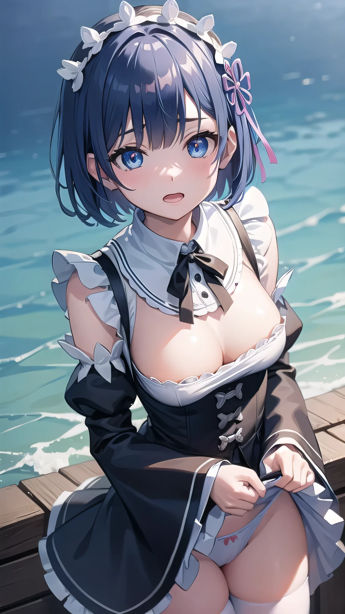 BREAK looking at viewer,BREAK (masterpiece:1.2), best quality, high resolution, unity 8k wallpaper, (illustration:0.8), (beautiful detailed eyes:1.6), extremely detailed face, perfect lighting, extremely detailed CG, (perfect hands, perfect anatomy),castle,tower,clouds,wet road,night,mist,rem, blue eyes, blue hair, hair ornament, hair over one eye, hair ribbon, short hair, x hair ornament
apron, black ribbon, black skirt, black sleeves, detached collar, detached sleeves, flower, frilled apron, frilled skirt, frills, head wreath, long sleeves, maid, miniskirt, neck ribbon, purple ribbon, ribbon, ribbon trim, ribbon-trimmed sleeves, roswaal mansion maid uniform, short hair, skirt, thighhighs, waist apron, white apron, white thighhighs,blue hair,upskirt,showing panties,wet panties,shy face,open mouth,from above,bend over,nipples see through,nipples.