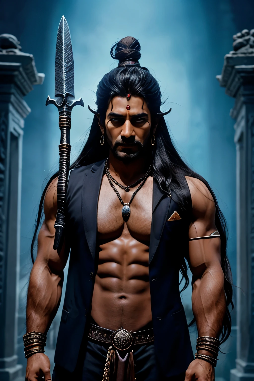 God shiva mahadev hindu mythology god in blazer with long hairs and with the ancient weapon