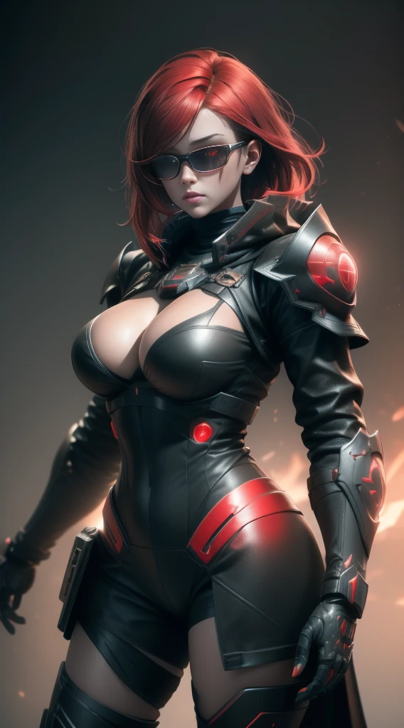 ((Best quality)), ((masterpiece)), (detailed:1.4), 3D, an image of a beautiful cyberpunk female,HDR (High Dynamic Range),Ray Tracing,NVIDIA RTX,Super-Resolution,Unreal 5,Subsurface scattering,PBR Texturing,Post-processing,Anisotropic Filtering,Depth-of-field,Maximum clarity and sharpness,Multi-layered textures,A 1 girl and Specular maps,Surface shading,Accurate simulation of light-material interaction,Perfect proportions,Octane Render,Two-tone lighting,Wide aperture,Low ISO,red balance,Rule of thirds,8K RAW, big tits(cleavage tits), red hair, black dark and red armor, glasses, red eyes, short hair, red and black color of weapon gun, serious look, black back cape