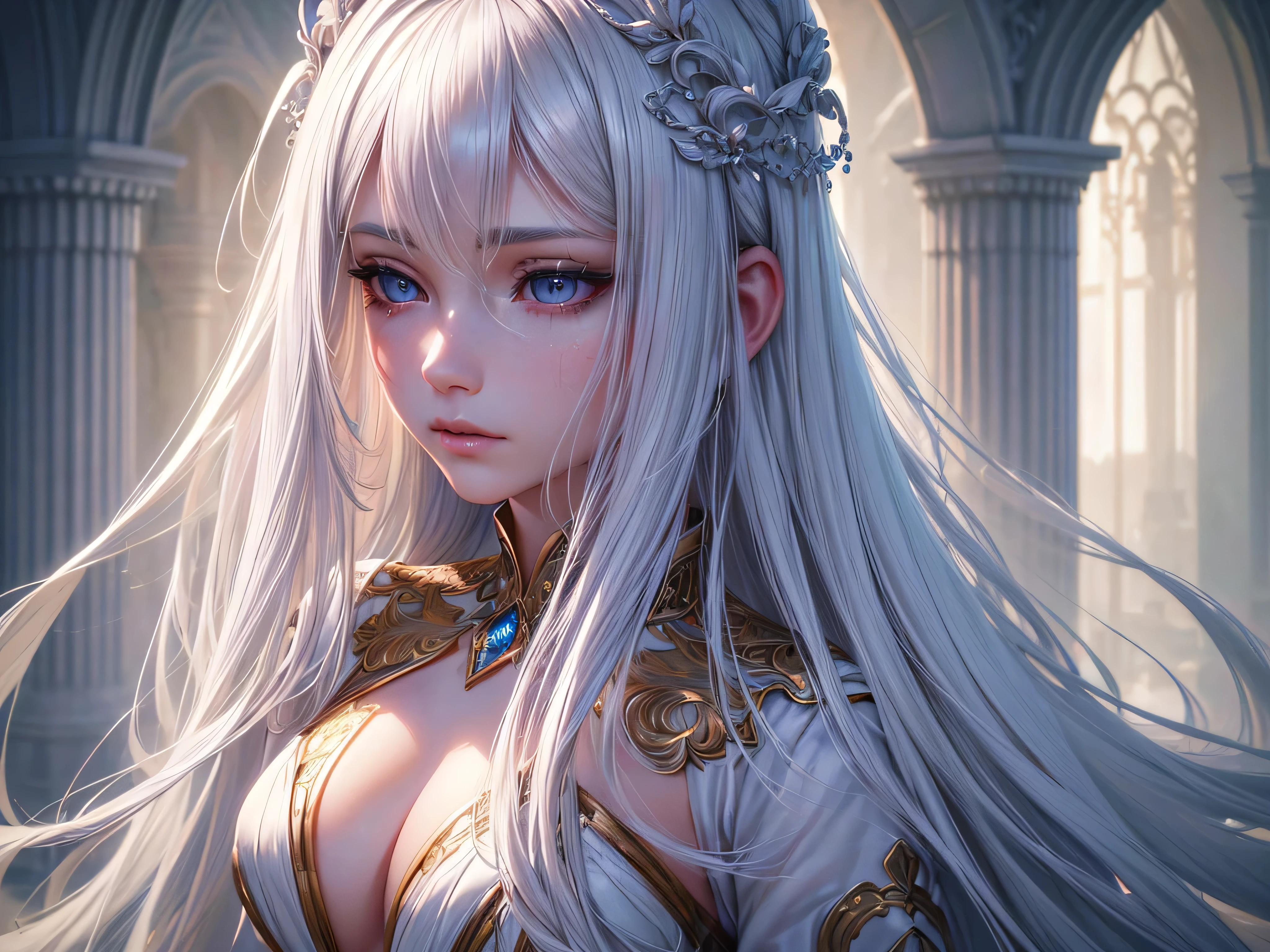 a beautiful girl with long white hair,detailed facial features, intense eyes, full lips, intricate hairstyle, delicate facial expression, elegant posture, mystical aura, detailed clothing, ethereal fantasy background, cinematic lighting, dreamy color palette, cinematic composition, (best quality,4k,8k,highres,masterpiece:1.2),ultra-detailed,(realistic,photorealistic,photo-realistic:1.37)