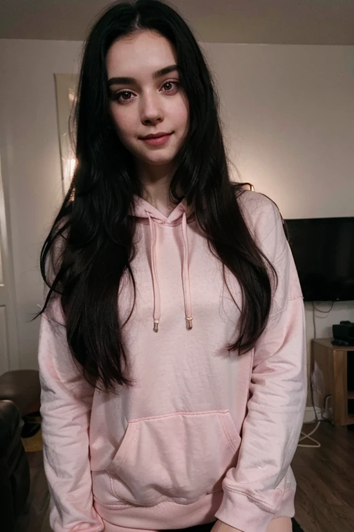 Cute girl in a dark living room. Long black hair, pale skin, big eyes, smile, pink hoodie. Hyberrealism, photography, cinematic light, 8k, European appearance