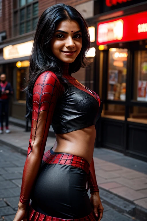 Indian girl as spider girl, Gwen, short red skirt with wed pattern, spider man suit,Marvel on the city street, cinematic light, beautiful woman, skinny, medium breasts, black long hair, detailed face, smile, facing the camera, photo taken from a distance, She wears Spider-Man suit, red and black color scheme, spider, 