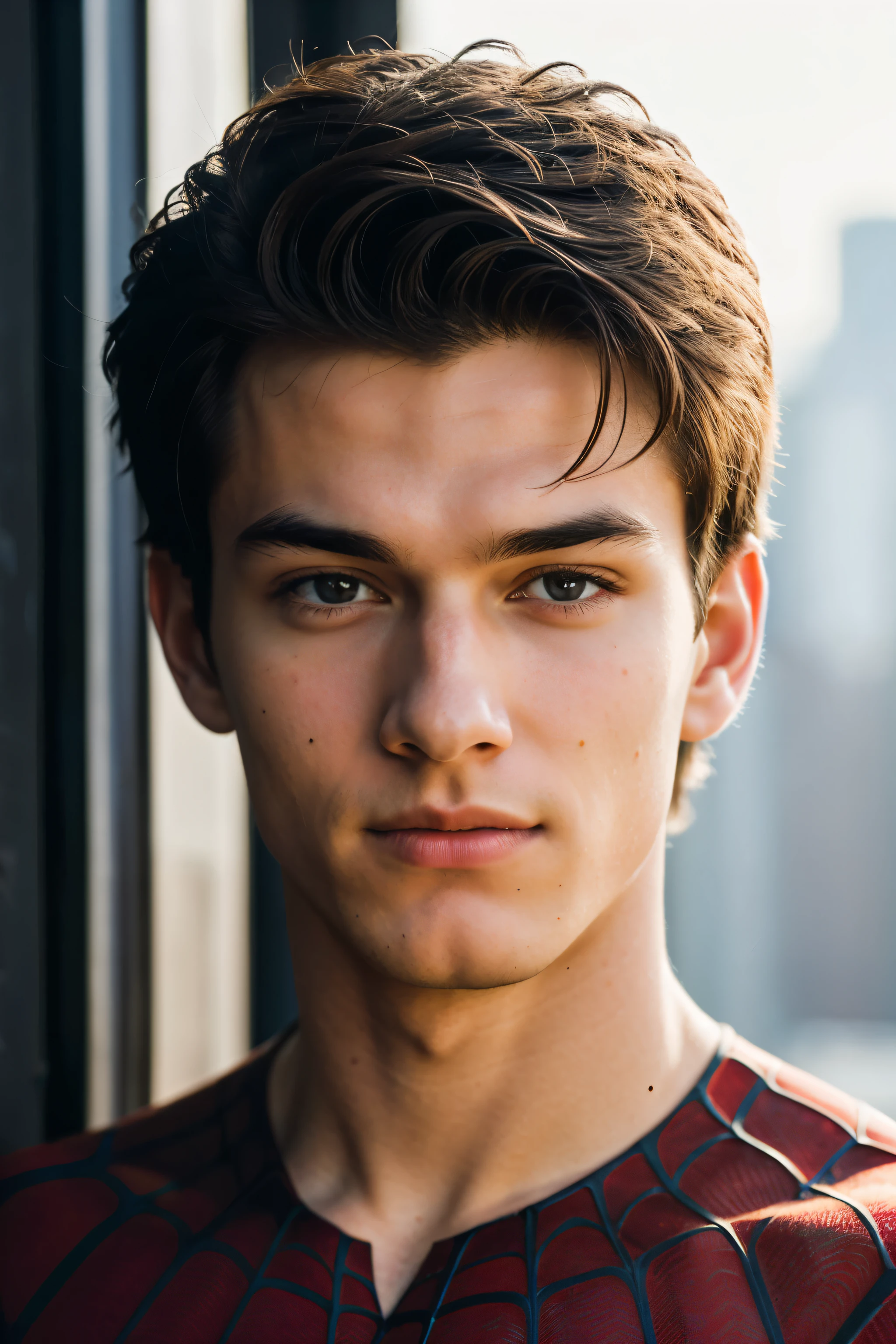 A photograph of spider man, no mask, 20 yo, handsome, detailed face, looking at camera, portrait, 8k uhd, high quality