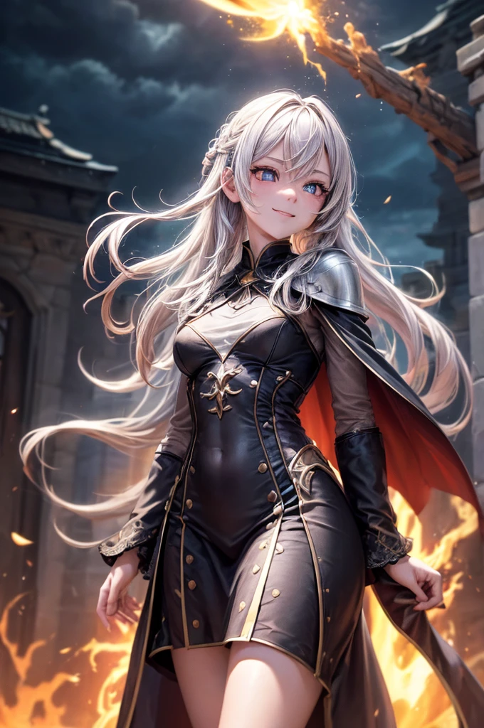 (Skin Indentation:1.5), Realistically, Realistically, (masterpiece:1.5), Concept Art, Intricate details, Very detailed, Realistically, Octane Rendering, Dynamic poses, (((electrical arcs))),((Thunder and Lightning)),Best quality, high resolution, (Realistic face:1.1), (Surrealism:1.1), ((full_Body)), (Huge fireball),Perfect eyes,(Shiny skin:1.2), (((hairstyle))), (((Perfect hands))), (Very detailed的背景), ((castle)), (Light), ((1 Girl)), Wearing a robe, (((Flowing Cape))), ((Delicate eyes, High quality eyes, High quality face shape)), (Extremely complex robe, magic长袍), Short and delicate hair, ((cast lightning)), electrical,(( Rotating flame)), Radiant force, spark, smoke, magic, epic, battlefield, Depth of Field, blur background, 4K, Gothic, ashes, particle,Wide field of view,Long-range shooting((Small ))(Smile)Deformed human soul