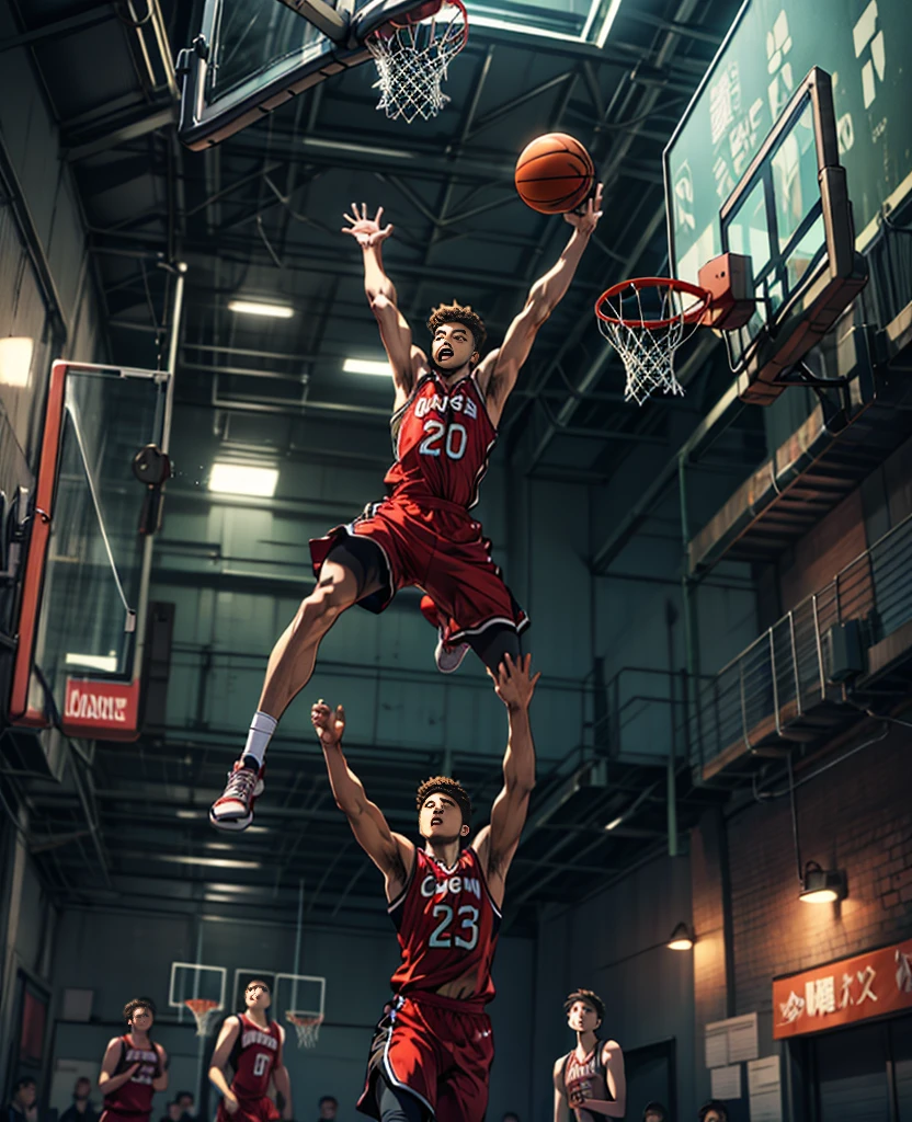arafed basketball player in mid air after dunking a basketball ball, a picture by Frank Mason, dribble, dada, dunking, nba, photograph credit: ap, ultra - high jump, mid air, rim highlights, slam dunk, perfect shot, horizontally leaping!!!, air shot, breathtaking shot, flying shot, focused shot, mid air shot, Ghibli-like colours, anime style, Abstractionism
