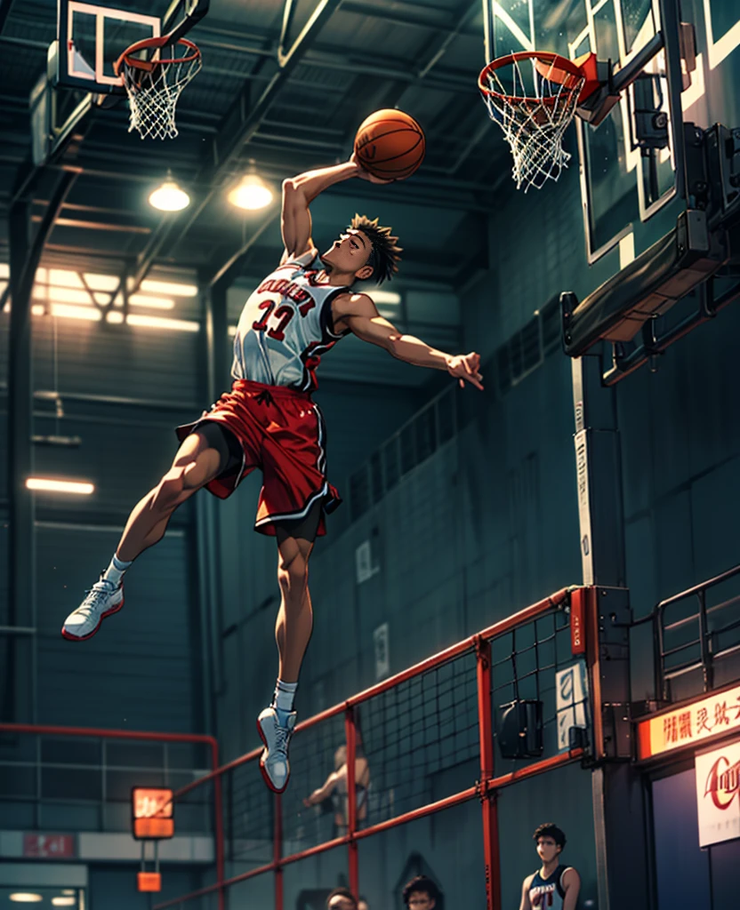 arafed basketball player in mid air after dunking a basketball ball, a picture by Frank Mason, dribble, dada, dunking, nba, photograph credit: ap, ultra - high jump, mid air, rim highlights, slam dunk, perfect shot, horizontally leaping!!!, air shot, breathtaking shot, flying shot, focused shot, mid air shot, Ghibli-like colours, anime style, Abstractionism