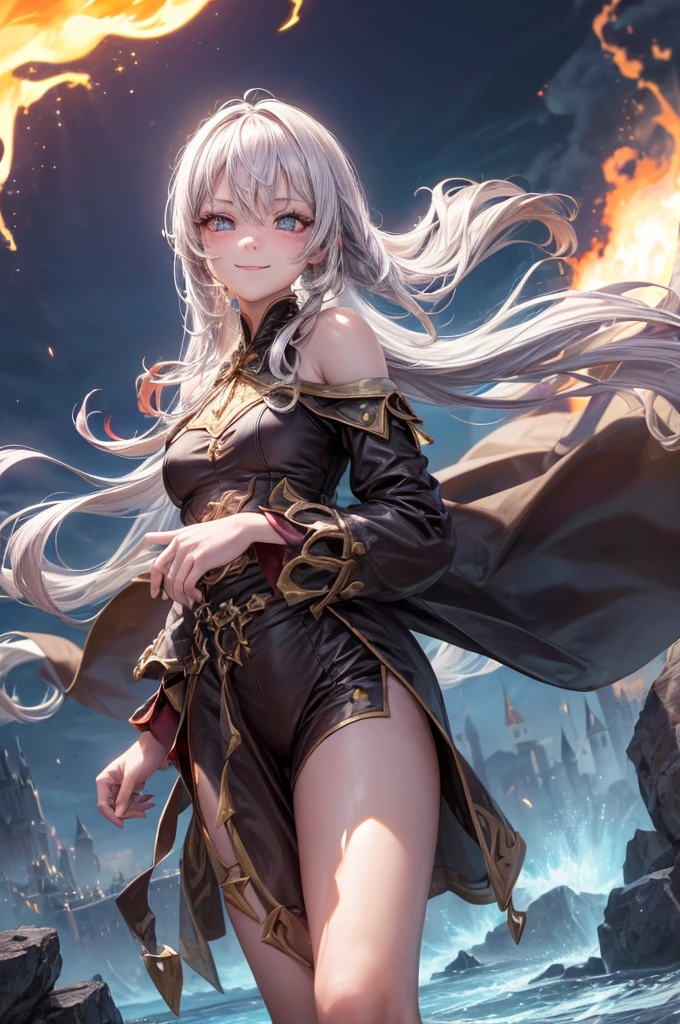 (Skin Indentation:1.5), Realistically, Realistically, (masterpiece:1.5), Concept Art, Intricate details, Very detailed, Realistically, Octane Rendering, Dynamic poses, Best quality, high resolution, (Realistic face:1.1), (Surrealism:1.1), ((full_Body)), Perfect eyes,(Shiny skin:1.2), (((hairstyle))), (((Perfect hands))), (Very detailed的背景), ((castle)), (Light), ((1 Girl)), Wearing a robe, (((Flowing Cape))), ((Delicate eyes, High quality eyes, High quality face shape)), (Extremely complex robe, magic长袍), Short and delicate hair, ((cast lightning)), electrical,(( Rotating flame)), Radiant force, spark, smoke, magic, epic, battlefield, Depth of Field, blur background, 4K, Gothic, ashes, particle,Wide field of view,Long-range shooting((Small Breasts))(Smile)Deformed human soul