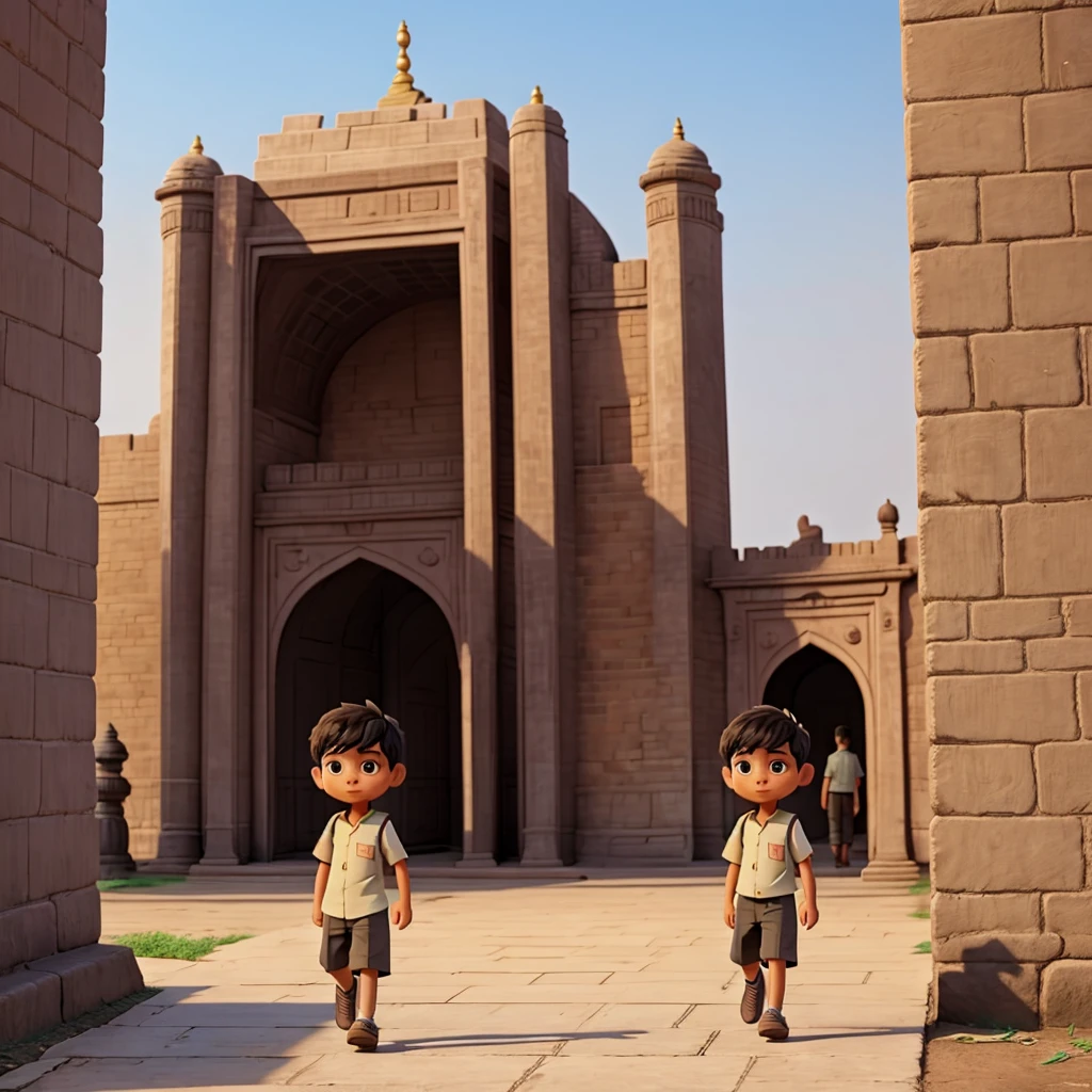 A boy is walking in front of Delhi gate.
