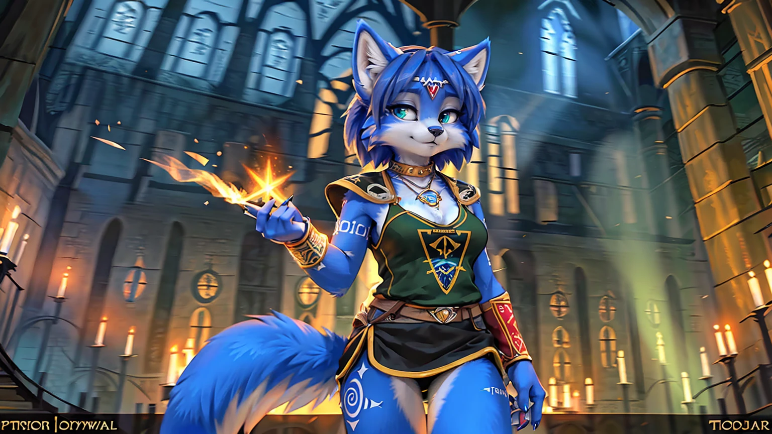A beautiful and detailed (sweet picture) wa ((krystal)), Star Fox krystal,  green eyes, medium , (((Long blue hair 1.3))),  anthro, furry, (wa Fluff-Kevlar, Bayard Wu, personalize me, Pino Daeni),  detailed fluffy fur, detailed face, (fluffy), 1 girl, alone, hair cover one eye:1.4, wears tribal clothing with leather armor, wears tribal top with leather armor, (((steht in der großen halle wa hogwarts:1.4))), she wears a fanciful magician&#39;s robe, (is in a magic duel against a dark magician)