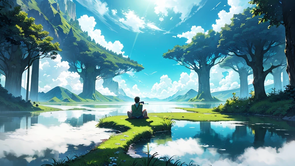 A man lying on his back wearing a headset, he flies above the clouds with an amazing view. Below him, a sea of fluffy white clouds stretched like an endless pillow, towering mountains lining the horizon. A serene lake, mirror-like in its stillness, lies in the embrace of a verdant valley, surrounded by lush emerald trees stretching their limbs towards the sky. Vibrant grass dotted the hills, every blade of grass a testament to the vitality of the landscape. A teenage boy was floating among the clouds itself.