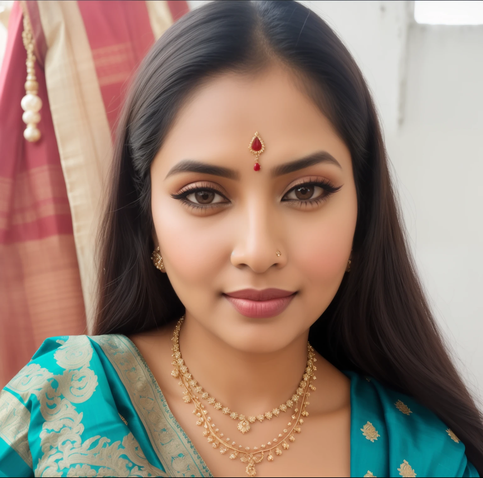 a close up of a woman wearing a blue sari and a necklace, with professional makeup, with accurate face, assamese, photo of a woman, assamese aesthetic, traditional beauty, with lovely look, candid picture, indian, portait photo profile picture, profile picture, profile image, wearing bihu dress mekhela sador, beuatiful face