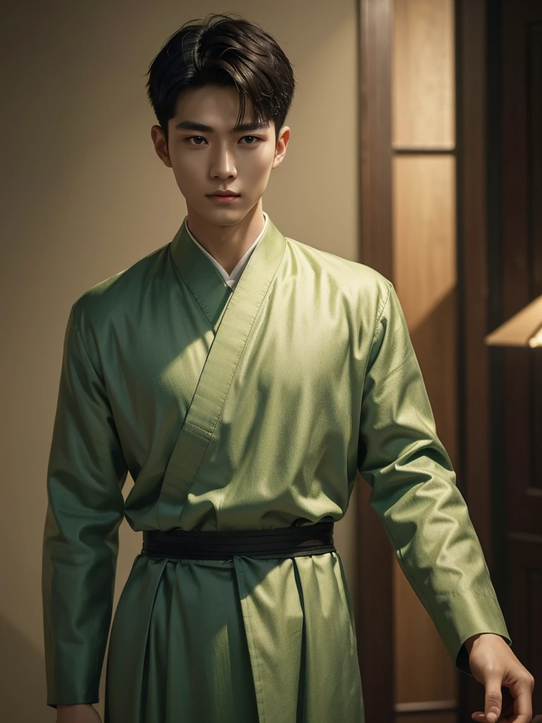 1 Handsome chinese slim guy, 20 years old, short hair，Wear green linen，realisticlying，dynamic lights，Brush cut，Thin stature，no facial hair，full shoot，（Highly detailed CG Unity 8k wallpaper），high detal，tack sharp focus，dramatic，Photoreality