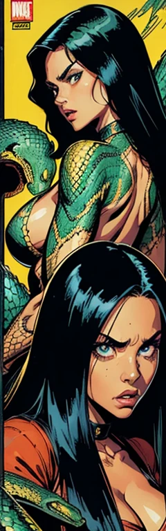vintage comic book cover design, showing a giant, angry snake, in a monochromatic palette, next to a mulatto woman with long, straight black hair, visibly scared and crouched, with her back to the reader, looking at the centipede, woman in bottom, snake at the top front highlighted, black art background