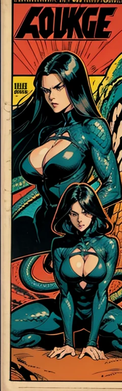 vintage comic book cover design, showing a giant, angry snake, in a monochromatic palette, next to a mulatto woman with long, straight black hair, visibly scared and crouched, with her back to the reader, looking at the centipede, woman in bottom, snake at the top front highlighted, black art background