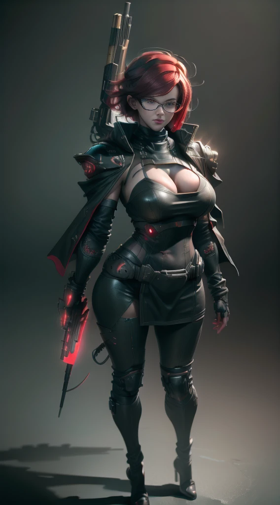 ((Best quality)), ((masterpiece)), (detailed:1.4), 3D, an image of a beautiful cyberpunk female,HDR (High Dynamic Range),Ray Tracing,NVIDIA RTX,Super-Resolution,Unreal 5,Subsurface scattering,PBR Texturing,Post-processing,Anisotropic Filtering,Depth-of-field,Maximum clarity and sharpness,Multi-layered textures,A 1 girl and Specular maps,Surface shading,Accurate simulation of light-material interaction,Perfect proportions,Octane Render,Two-tone lighting,Wide aperture,Low ISO,red balance,Rule of thirds,8K RAW, big tits(cleavage tits), red hair, black dark and red armor, glasses, red eyes, short hair, red and black color of weapon gun, serious look, black back cape