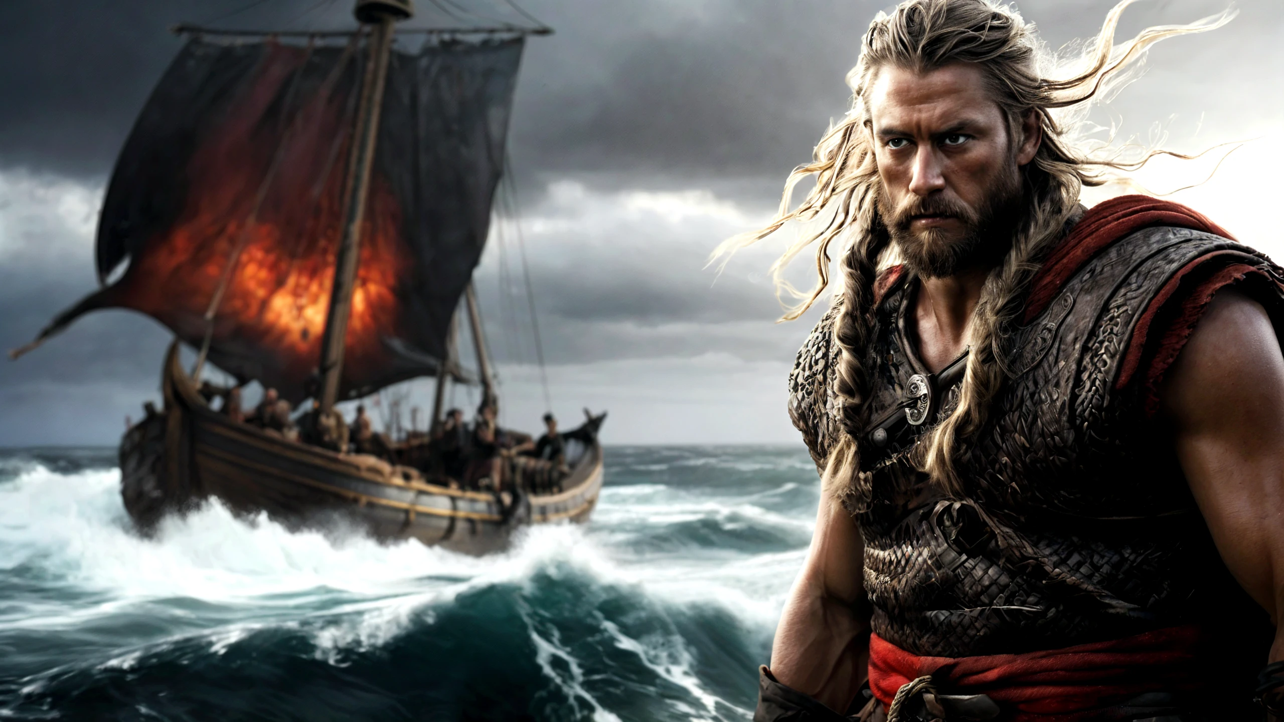 I want an image of a conquering viking on a ship with beautiful women and treasures. I want the viking to have black hair and I want him to be shredded and strong. I want the background to be ocean with eyes of God in the sky watching down. 