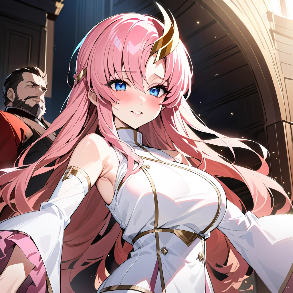 ((Highest quality)), ((masterpiece)), (detailed), (Perfect Face)、The woman is Lacus Clyne, with blue eyes, medium-long pink hair, a hair accessory, and is wearing the luxurious clothing of a suspicious religious organization and an engagement ring.、The woman is the wife of a middle-aged, bearded cult leader whom she greatly admires.、He is standing at the altar of a cult with a mysterious cult leader dressed in luxurious cult leader clothing.