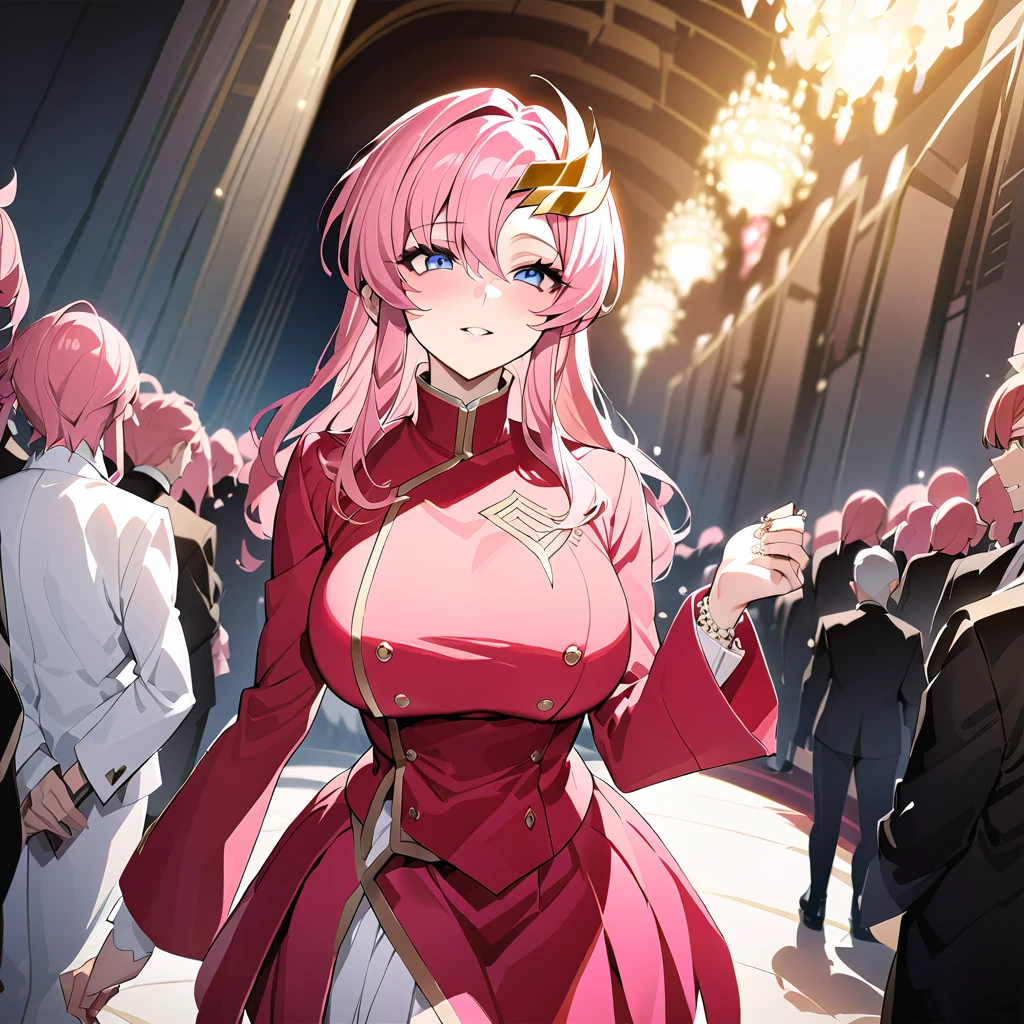 ((Highest quality)), ((masterpiece)), (detailed), （Perfect Face）、The woman is Lacus Clyne, with blue eyes, medium-long pink hair, a hair accessory, and is wearing the luxurious clothing of a suspicious religious organization and an engagement ring.、The woman is the wife of a middle-aged, bearded cult leader whom she greatly admires.、He is standing at the altar of a cult with a mysterious cult leader dressed in luxurious cult leader clothing.