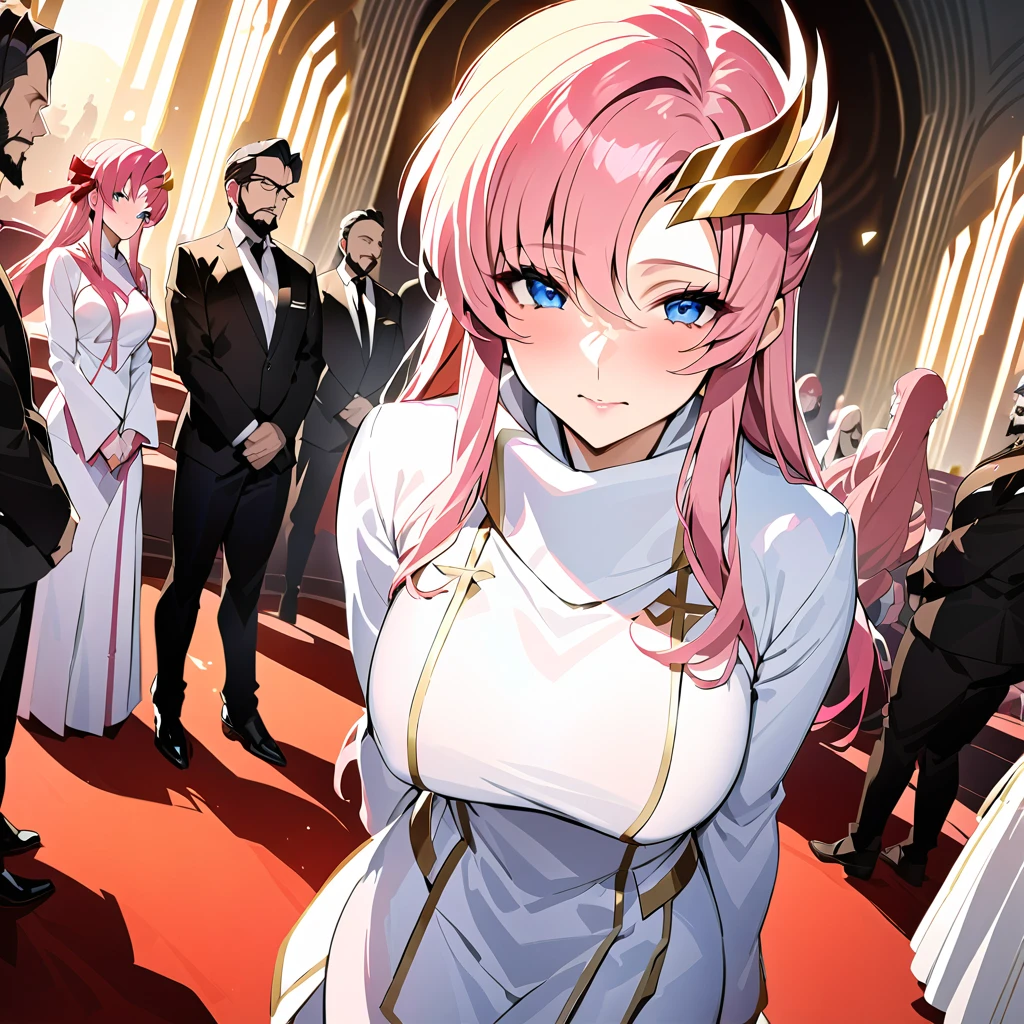 ((Highest quality)), ((masterpiece)), (detailed), （Perfect Face）、The woman is Lacus Clyne, with blue eyes, medium-long pink hair, a hair accessory, and is wearing the luxurious clothing of a suspicious religious organization and an engagement ring.、The woman is the wife of a middle-aged, bearded cult leader whom she greatly admires.、He is standing at the altar of a cult with a mysterious cult leader dressed in luxurious cult leader clothing.