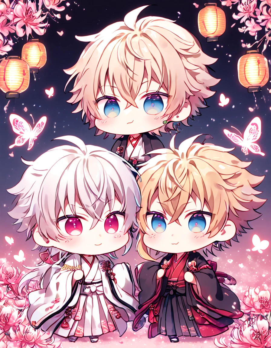 absurd resolution, high resolution, ultra detailed, detailed eyes, extremely detailed, HDR, 8K, Kazama Chikage chibi, honey blonde hair, expressive red eyes, Hakuouki, Tsurumaru Tenka chibi, white hair, expressive blue eyes, white eyelashes, two sexy boys together, yaoi, gay couple, cute, black haori, white kimono, red collar, fantasy, cool, magical, pink glittering butterflies, pink dust flying around, pink spider lilies, pink petals, pink lanterns, Japanese ambiance, cherry blossoms