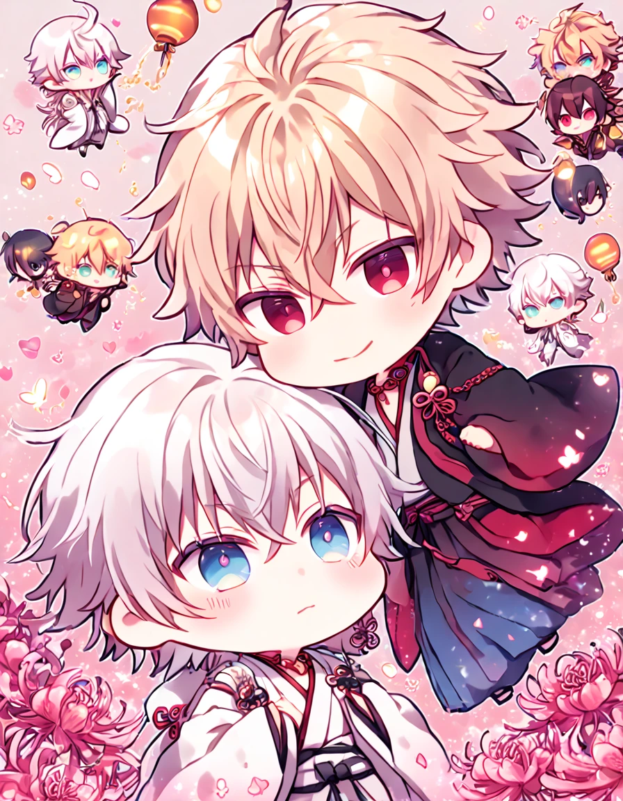 absurd resolution, high resolution, ultra detailed, detailed eyes, extremely detailed, HDR, 8K, Kazama Chikage chibi, honey blonde hair, expressive red eyes, Hakuouki, Tsurumaru Tenka chibi, white hair, expressive blue eyes, white eyelashes, two sexy boys together, yaoi, gay couple, cute, black haori, white kimono, red collar, fantasy, cool, magical, pink glittering butterflies, pink dust flying around, pink spider lilies, pink petals, pink lanterns, Japanese ambiance, cherry blossoms