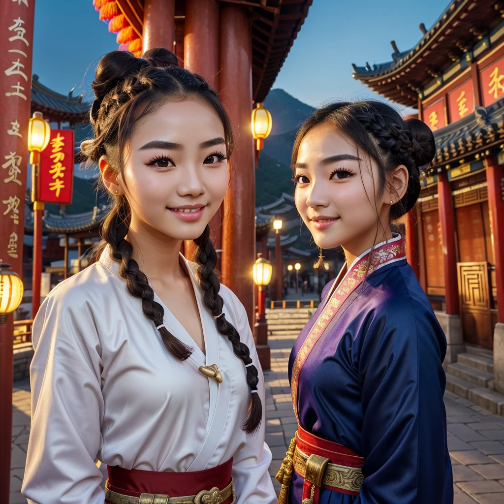 Kpop idol: 1.2, mix4, 1 Korean girl, 14 years old, (light eyebrows: 1.4), shiny brown eyes, bun head, tied two braids, ancient city, Chinese temple, high mountain, beautiful detail sky, street (crowd:1.2), night, (nose blush), hanfu, happy, smile