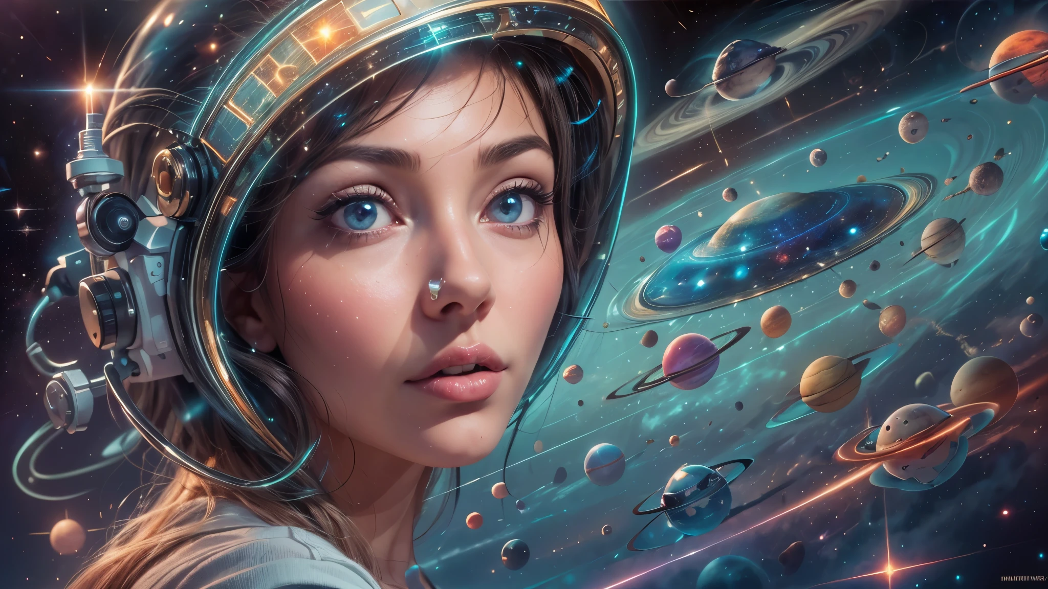 Sci-fi painting by Lou Cameron, (outer space, planets, stars, rockets, flying saucer, alien, space battle, Lazer gun, Lazer beams), proportional hands, (beautiful woman, proportional features, detailed eyes, worried expression),