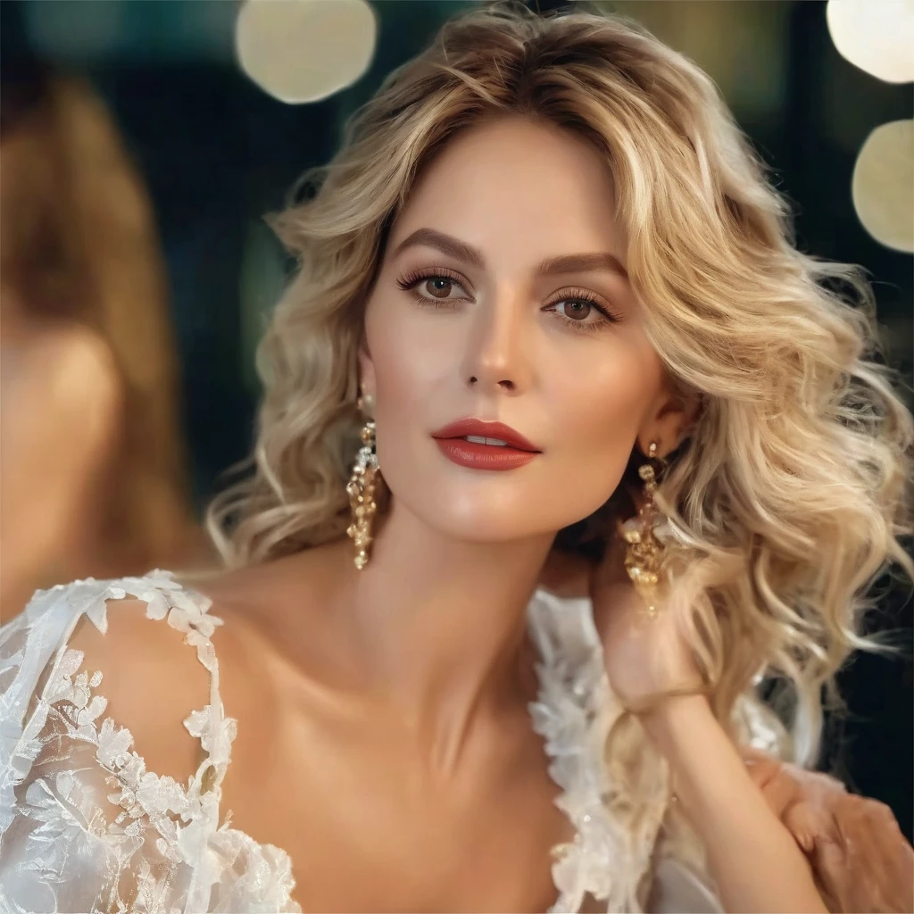 masterpiece, top quality, realistic, very detailed, Smaller details, a high resolution, 4K wallpaper, beautiful woman, Wear an elegant white sheer blouse., in a restaurant, at night, light brown tousled hair, Perfect dynamic composition, Beautiful and beautiful eyes、big earrings、sitting in the armchair、with a glass of wine