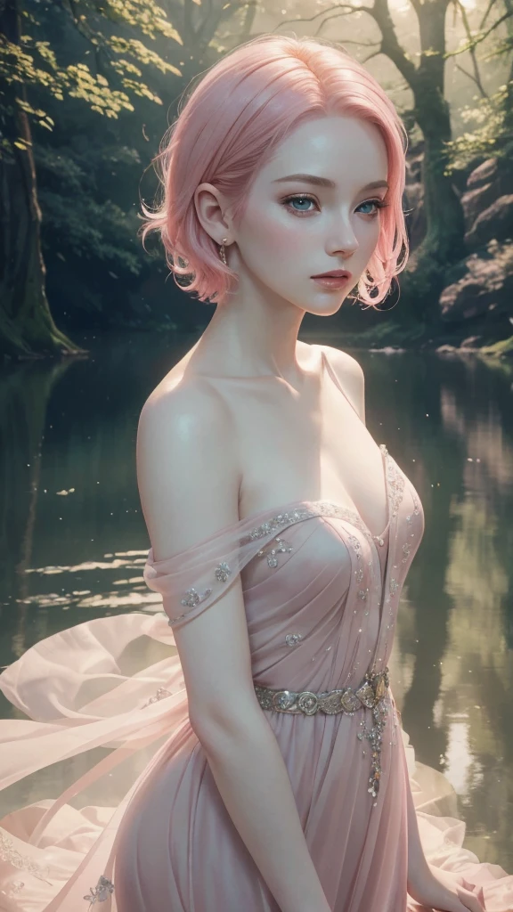 a beautiful young woman with short pink hair, pale skin, detailed facial features, elegant pose, serene expression, in a dreamy, surreal environment, (best quality,4k,8k,highres,masterpiece:1.2),ultra-detailed,(realistic,photorealistic,photo-realistic:1.37),ethereal,whimsical,fantasy,vibrant colors,warm lighting