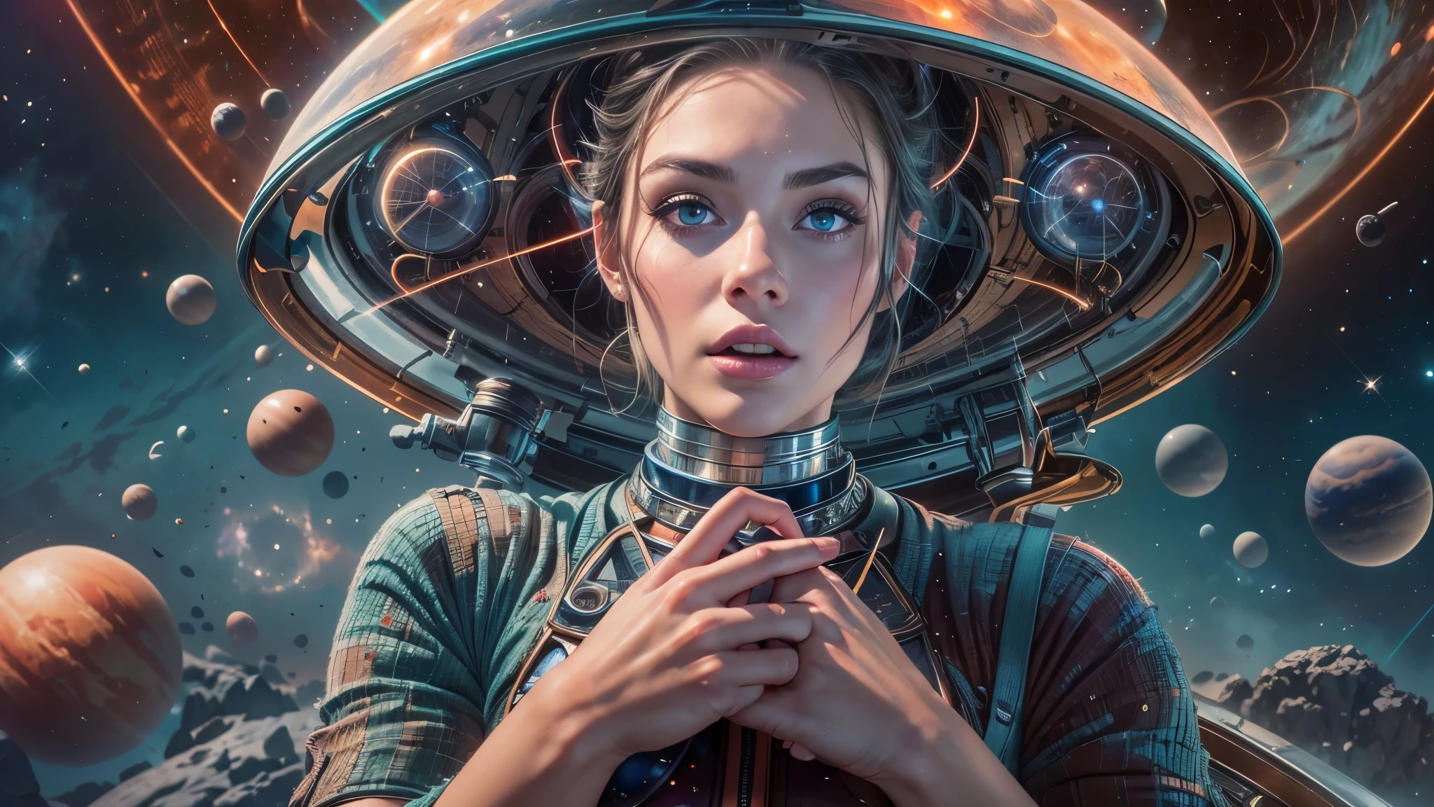 Sci-fi painting by Lou Cameron, (outer space, planets, stars, rockets, flying saucer, alien, space battle, Lazer gun, Lazer beams), proportional hands, (beautiful woman, proportional features, detailed eyes, worried expression),