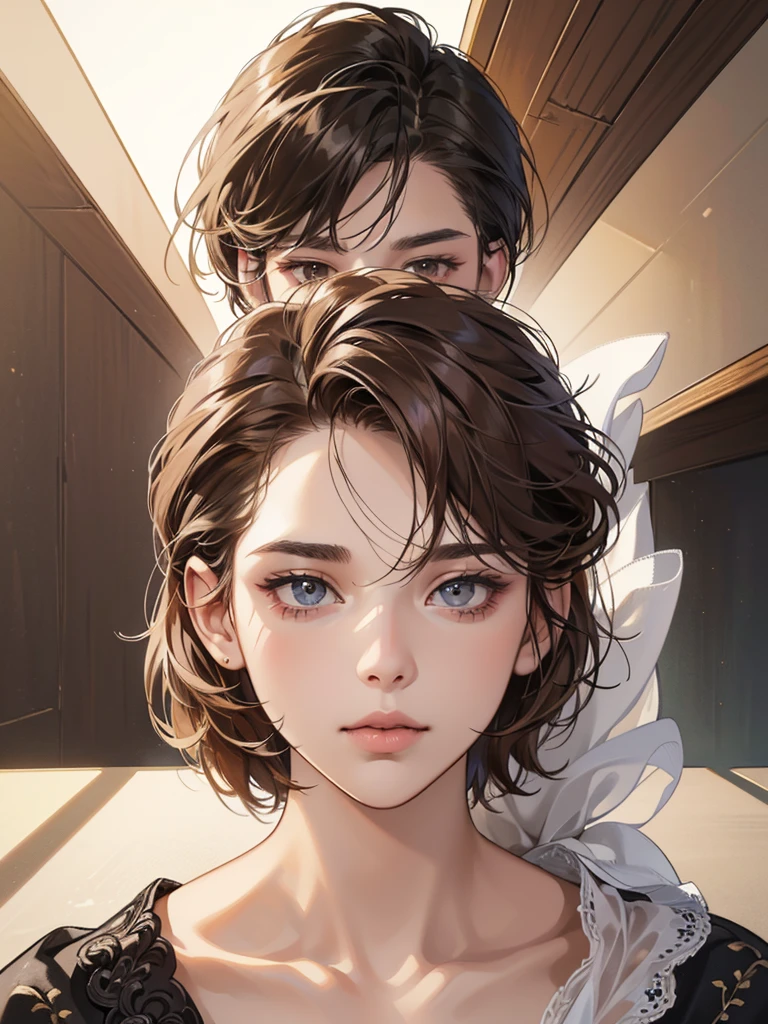 (table top, digital art, digital illustration, 4K, 8ก, Very detailed, beautiful picture, Sharp picture, realistic, raw photos, perfect face, perfect lines, perfect eyes, soft light) , lover, 1 girl 1 boy, The hair color is different., Medium brown hair and brown eyes., Short black hair and gray eyes, romantic, lover