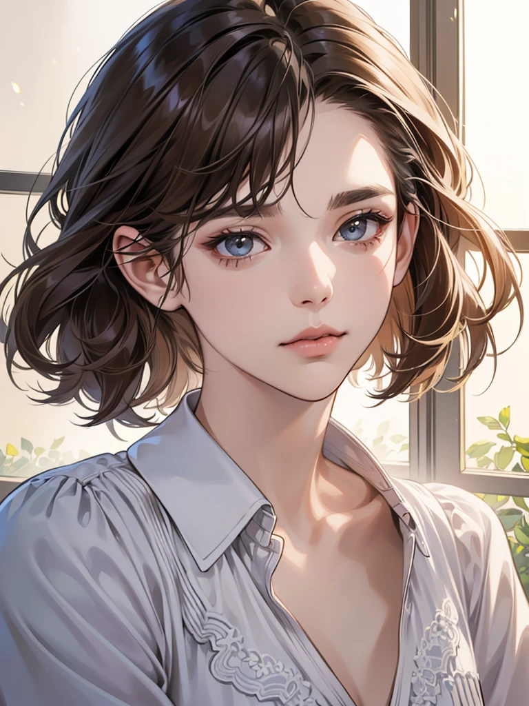 (table top, digital art, digital illustration, 4K, 8ก, Very detailed, beautiful picture, Sharp picture, realistic, raw photos, perfect face, perfect lines, perfect eyes, soft light) , lover, 1 girl 1 boy, The hair color is different., Medium brown hair and brown eyes., Short black hair and gray eyes, romantic, lover