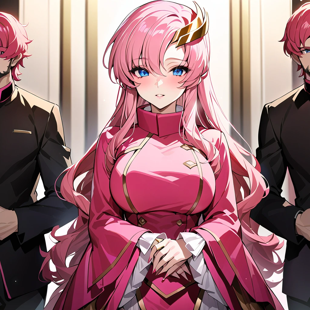 ((Highest quality)), ((masterpiece)), (detailed), (Perfect Face)、The woman is Lacus Clyne, the wife of the leader of a mysterious cult. She has blue eyes, medium-long pink hair, a hair accessory, and is wearing the luxurious clothing of the mysterious religious organization, as well as an engagement ring.、The woman is the wife of a middle-aged, bearded cult leader whom she greatly admires.、He is standing at the altar of a cult with a mysterious cult leader dressed in luxurious cult leader clothing.