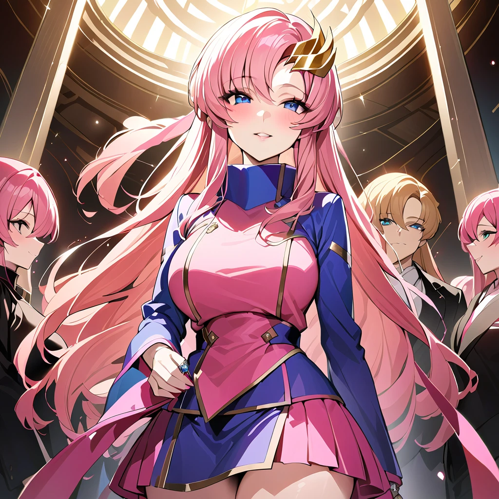 ((Highest quality)), ((masterpiece)), (detailed), (Perfect Face)、The woman is Lacus Clyne, the wife of the leader of a mysterious cult. She has blue eyes, medium-long pink hair, a hair accessory, and is wearing the luxurious clothing of the mysterious religious organization, as well as an engagement ring.、The woman is the wife of a middle-aged, bearded cult leader whom she greatly admires.、He is standing at the altar of a cult with a mysterious cult leader dressed in luxurious cult leader clothing.