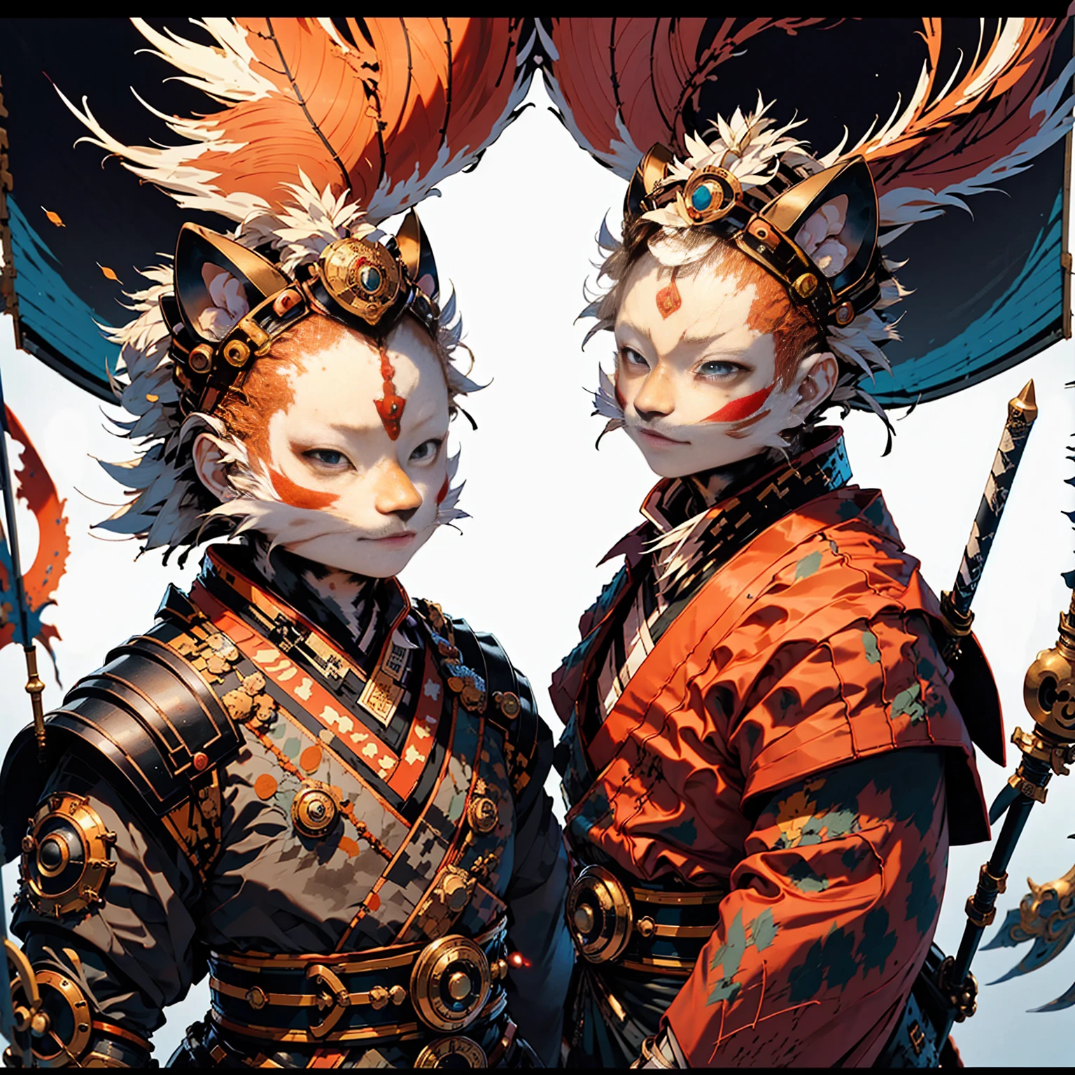 RESOLUTION QUALITIES 32K UHD, Black cat, Samurai warriors, Highly detailed samurai battle armor and sashimono war flag, blood spatter, cherry blossoms fluttering in the wind, Post-apocalyptic feudal Japan background