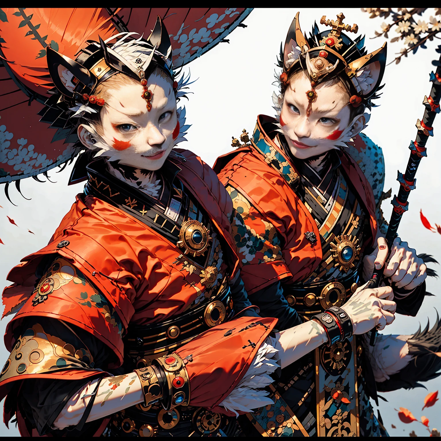 RESOLUTION QUALITIES 32K UHD, Black cat, Samurai warriors, Highly detailed samurai battle armor and sashimono war flag, blood spatter, cherry blossoms fluttering in the wind, Post-apocalyptic feudal Japan background