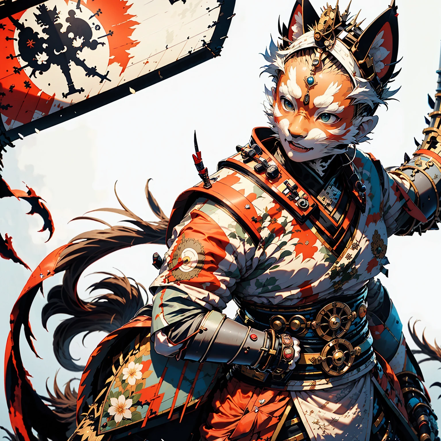 RESOLUTION QUALITIES 32K UHD, Black cat, Samurai warriors, Highly detailed samurai battle armor and sashimono war flag, blood spatter, cherry blossoms fluttering in the wind, Post-apocalyptic feudal Japan background